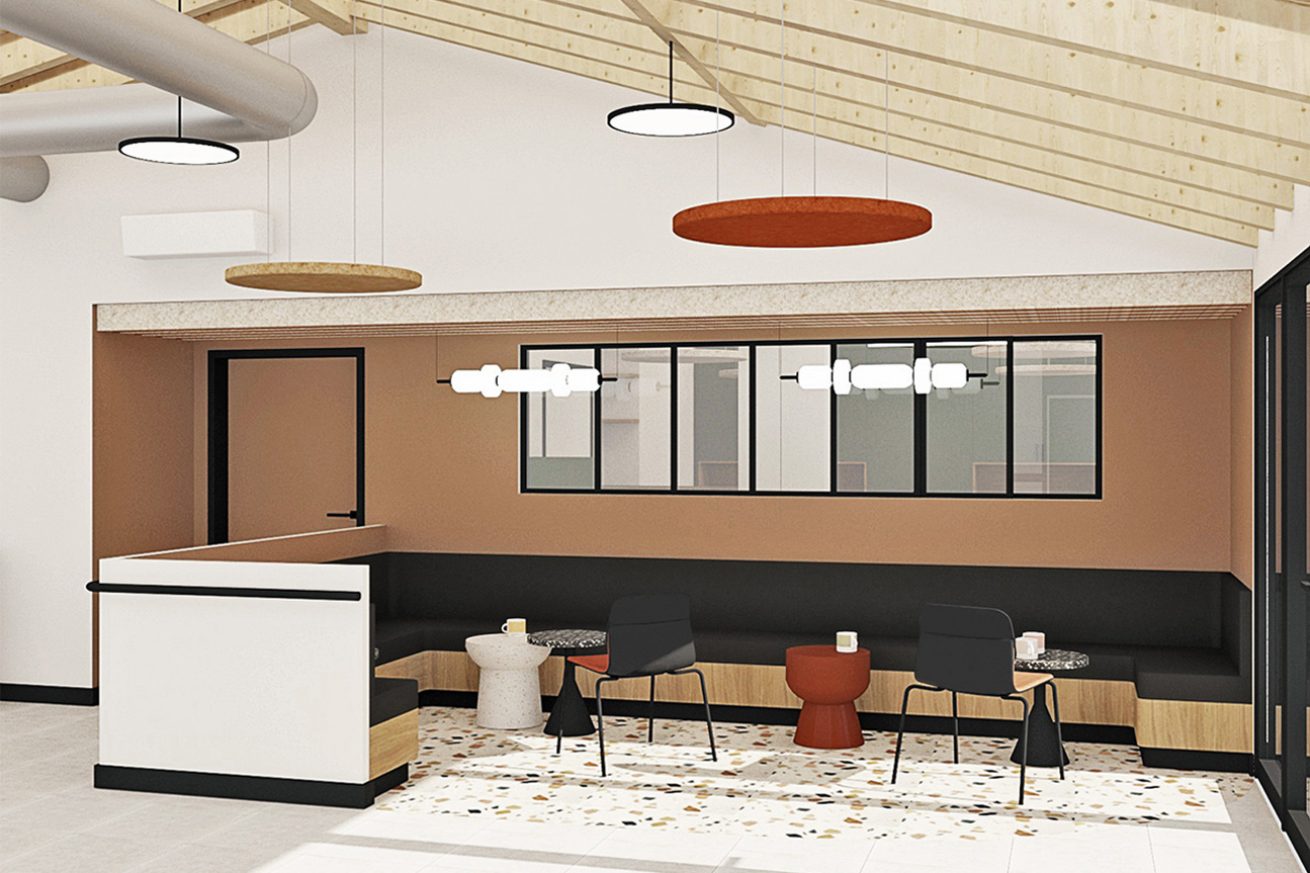 Restructuration et optimisation d'une Association. Création d’une zone de convivialité dans des teintes chaudes et enveloppantes afin de faciliter les échanges.