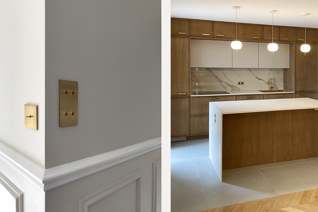 Rénovation complète d'une villa haute de gamme à Pessac - cuisine entièrement sur-mesure & détails moulures et interrupteurs laiton